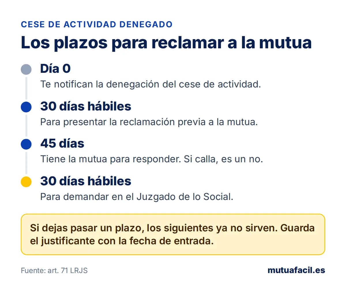 Línea de tiempo de la reclamación previa a la mutua por cese de actividad: 30 días hábiles para reclamar, 45 días para que responda la mutua y 30 días hábiles para demandar en el Juzgado de lo Social
