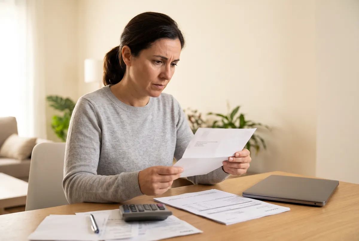 Mujer de unos cuarenta y cinco años, sentada a la mesa del salón, lee preocupada una carta del SEPE que le reclama dinero del paro, con nóminas y una calculadora delante