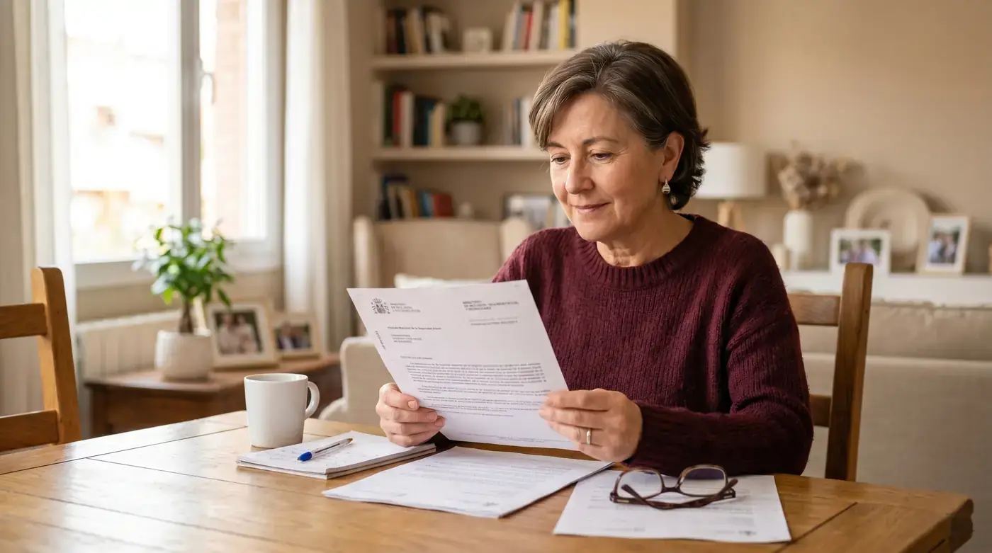 Mujer mayor revisando en casa la resolución de su pensión y una carta del INSS sobre el complemento