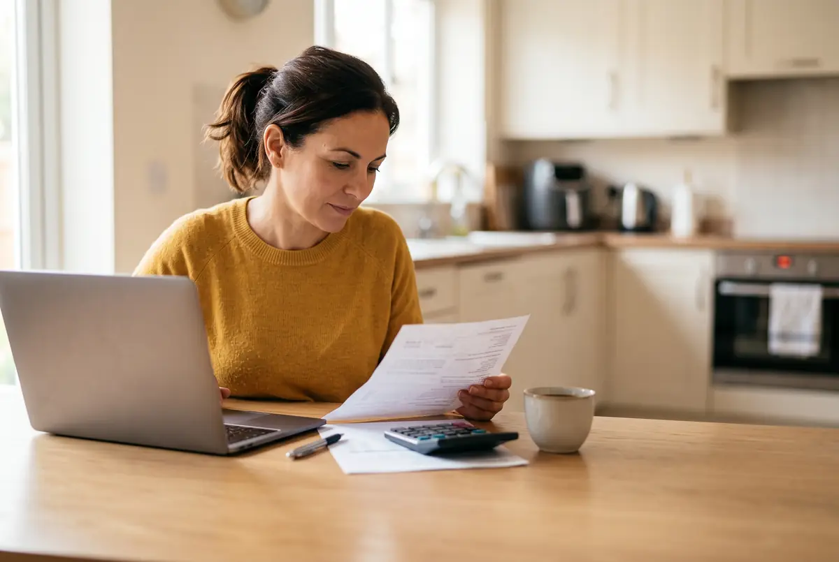 Mujer de unos cuarenta años en la mesa de la cocina calculando con una calculadora y un portátil cuánto va a cobrar de paro, con la carta del SEPE en la mano
