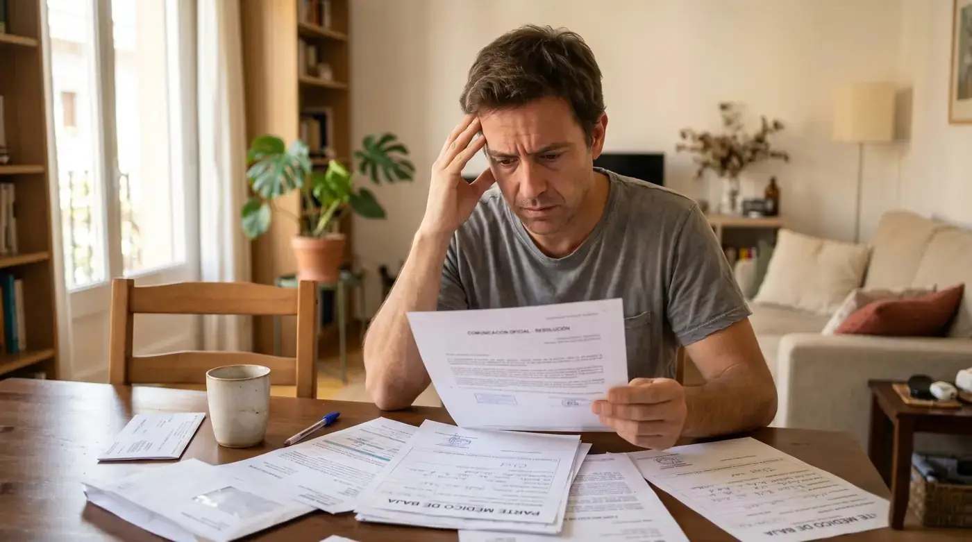 Trabajador de baja médica leyendo en casa una carta de despido con sus partes de baja sobre la mesa