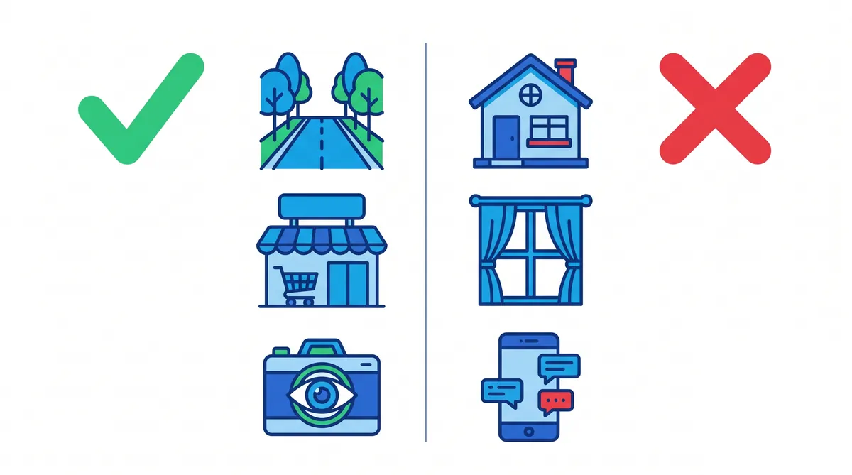 Infografía en dos columnas: con un visto verde, la calle, una tienda y una cámara (lo que un detective puede observar en sitios públicos); con un aspa roja, una casa, una ventana con cortinas y un móvil con mensajes (lo que no puede investigar)