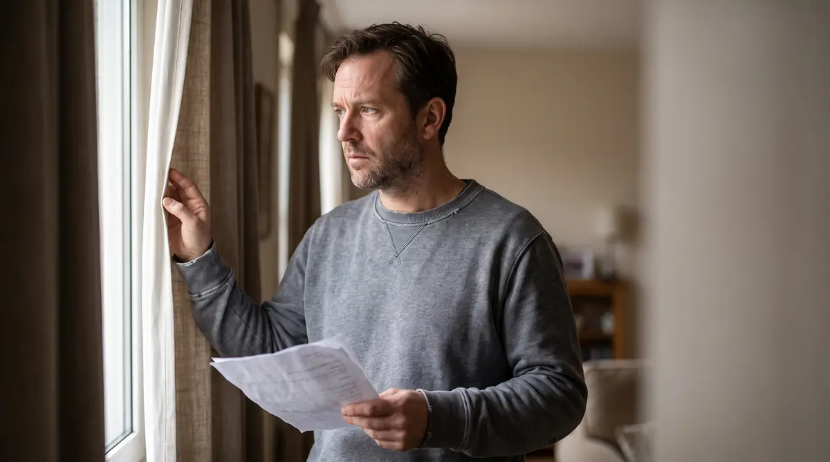 Hombre de unos cuarenta y cinco años de baja médica, de pie junto a la ventana de su salón, apartando la cortina y mirando a la calle con preocupación mientras sostiene unos papeles