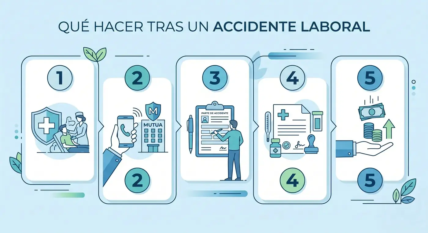Infografía con los cinco pasos a seguir si una empleada de hogar sufre un accidente laboral: atención médica, avisar a la mutua, parte de accidente, parte de baja y solicitar el pago directo