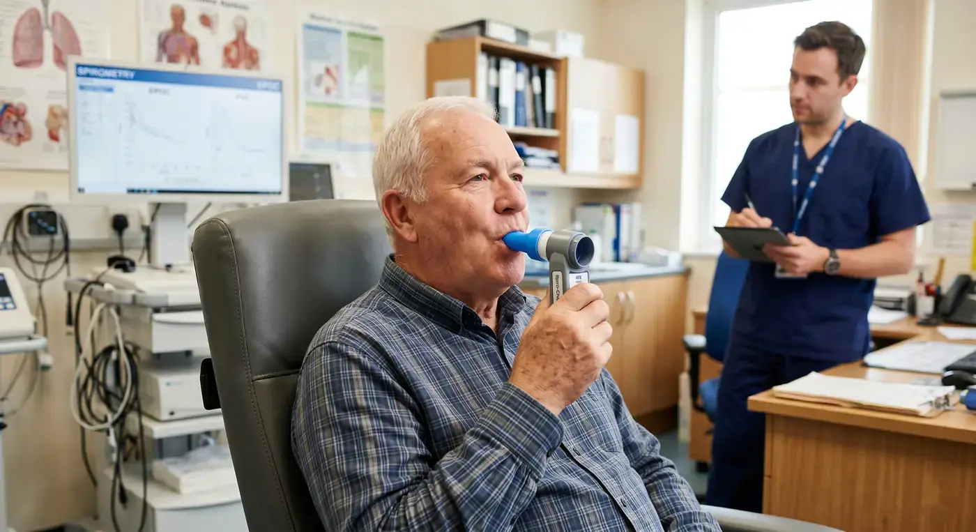 Hombre mayor realizando prueba de espirometría para solicitar incapacidad permanente por EPOC