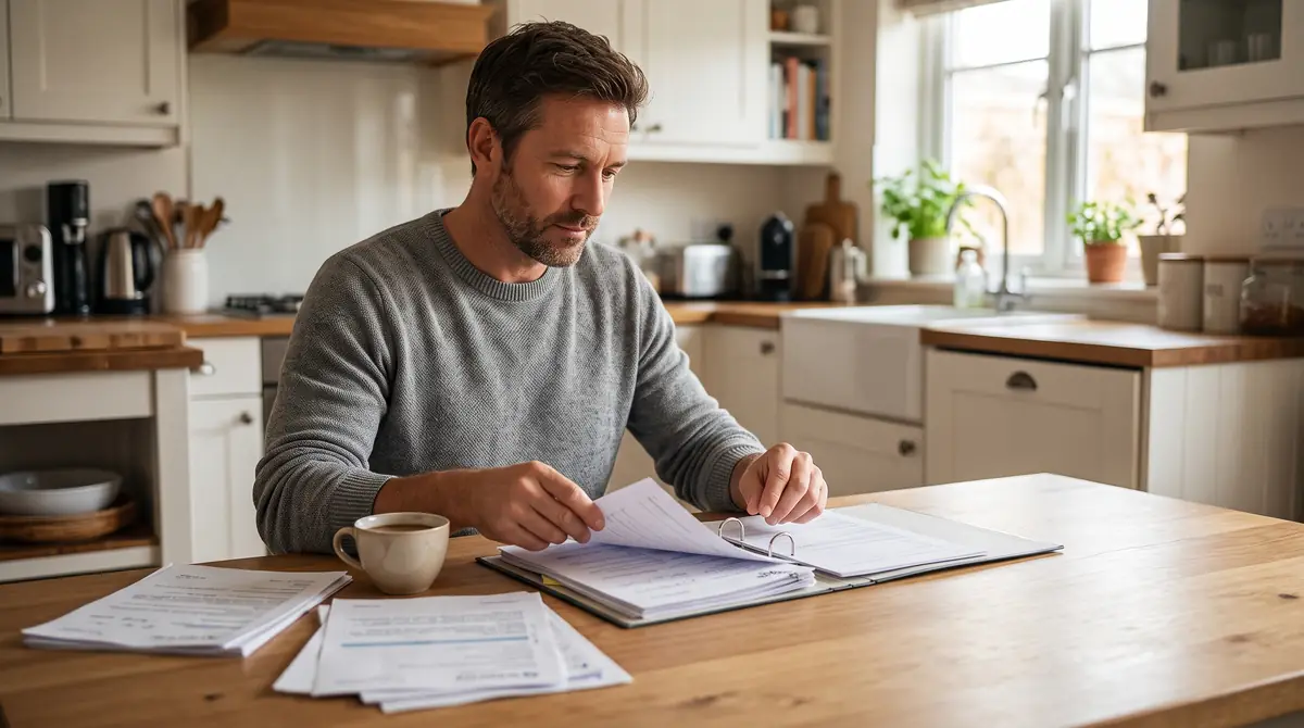 Hombre de unos cuarenta y cinco años con jersey gris, sentado a la mesa de la cocina, ordenando en una carpeta sus informes de salud mental para pedir el grado de discapacidad por ansiedad y depresión