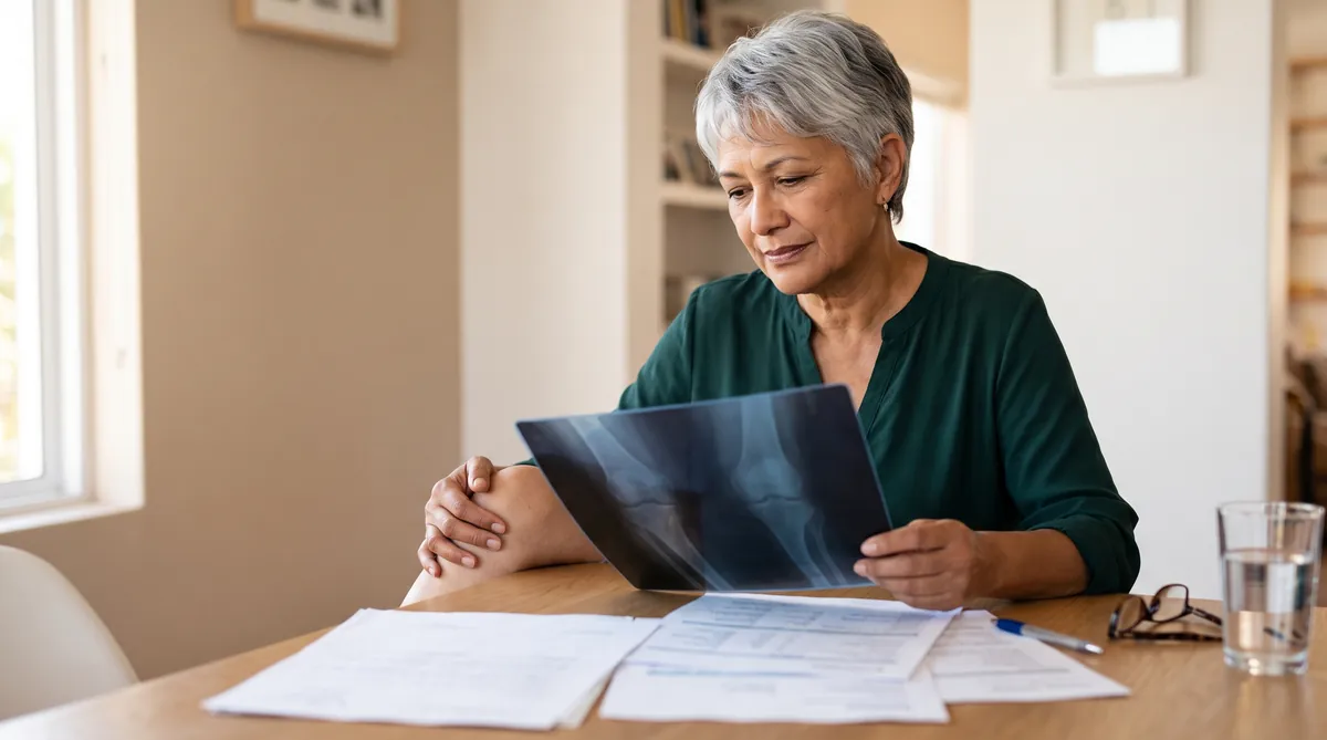 Mujer de unos sesenta años con el pelo corto y gris, sentada a la mesa de su casa, mirando una radiografía de rodilla junto a sus informes médicos para pedir el grado de discapacidad por artrosis