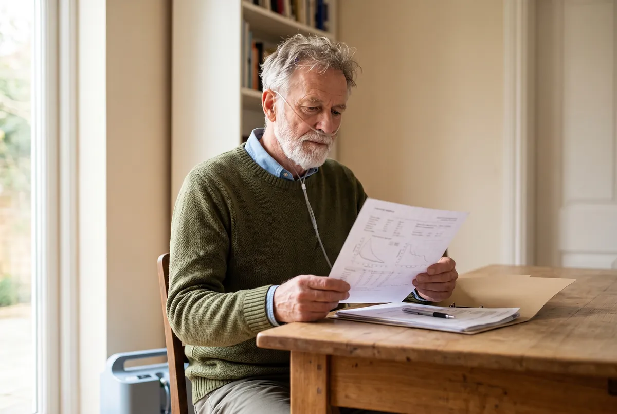 Hombre de unos sesenta años con barba canosa y gafas nasales de oxígeno, sentado a la mesa del comedor, leyendo su informe de espirometría para pedir el grado de discapacidad por EPOC