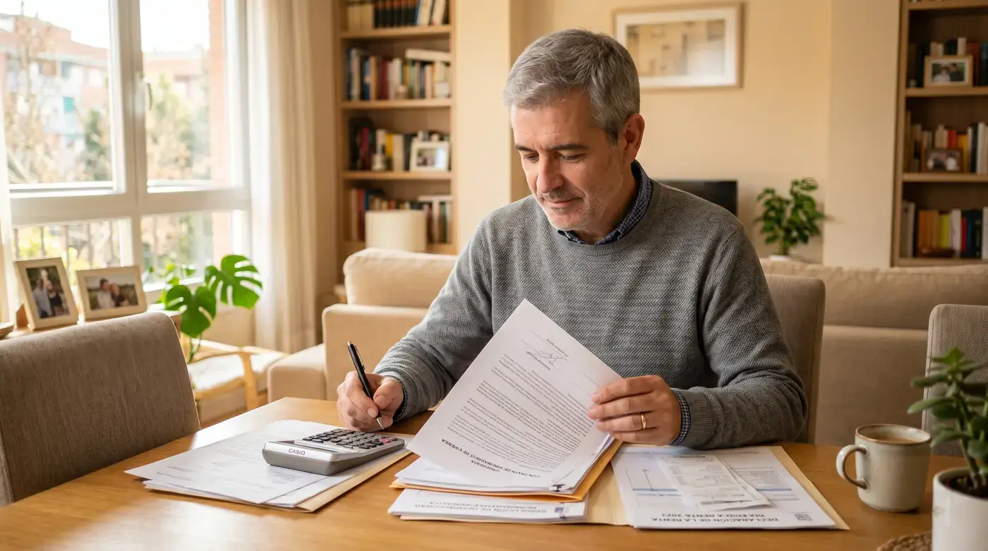 Pensionista de incapacidad permanente revisando el contrato de alquiler de su piso y la declaración de la renta