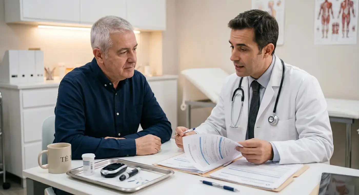 Consulta médica con endocrinólogo para valorar complicaciones de diabetes ante el INSS