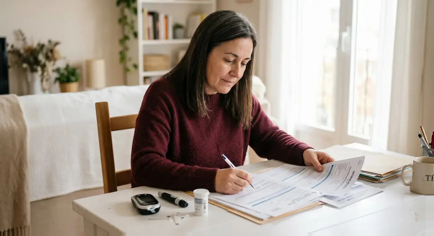 Mujer revisando documentación para solicitar incapacidad permanente por diabetes