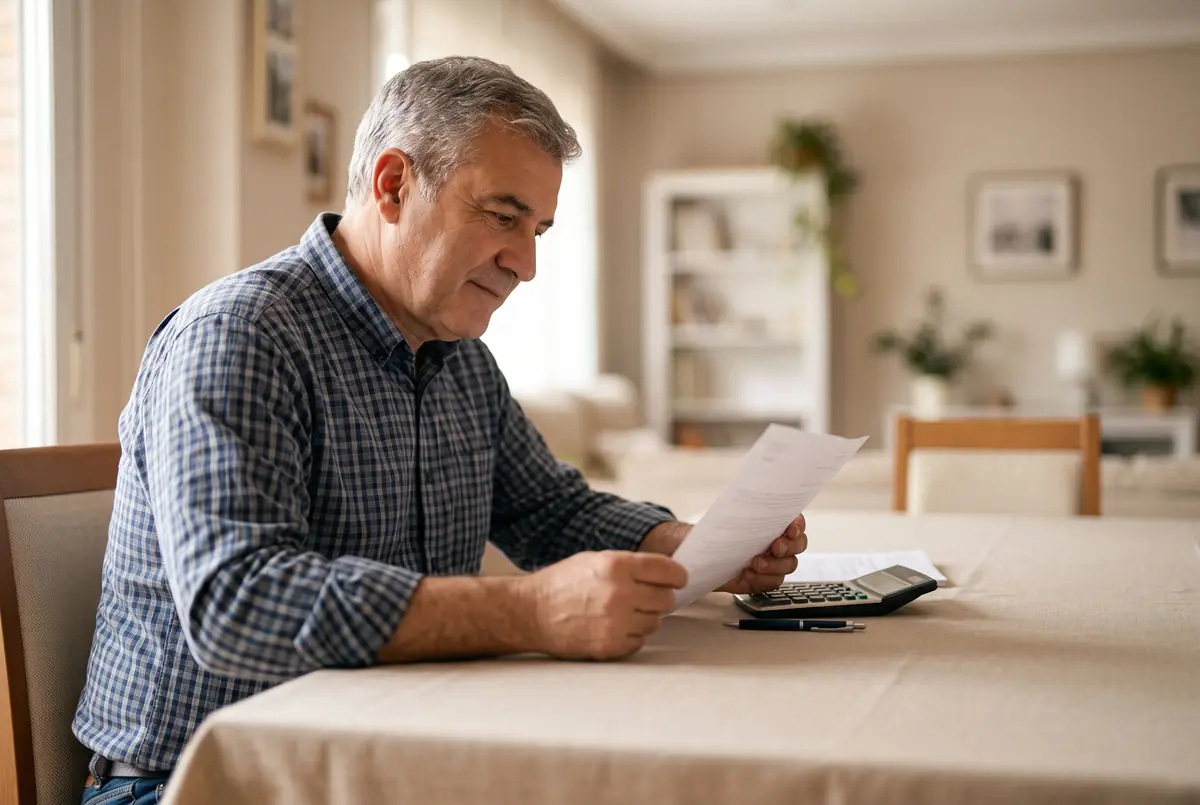 Hombre de unos 57 años sentado a la mesa del salón revisando una carta de la Seguridad Social con una calculadora al lado, para comprobar si le falta el 20 % de la incapacidad permanente total cualificada