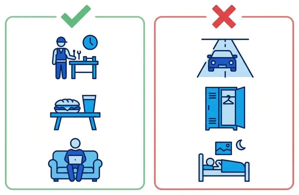 Infografía con dos columnas: con un tic verde, el puesto de trabajo con un reloj, la pausa del bocadillo y el teletrabajo en casa; con una cruz roja, el coche de camino, la taquilla del vestuario y la cama en casa fuera del horario