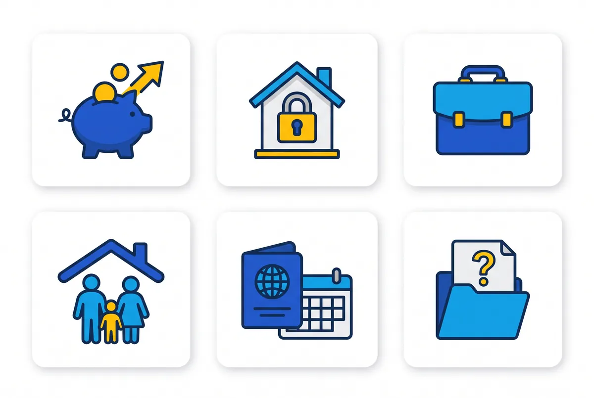 Infografía con seis iconos de los motivos más comunes para denegar el ingreso mínimo vital: ingresos del año anterior, patrimonio, ser administrador de una sociedad, unidad de convivencia, residencia de un año y documentación que falta