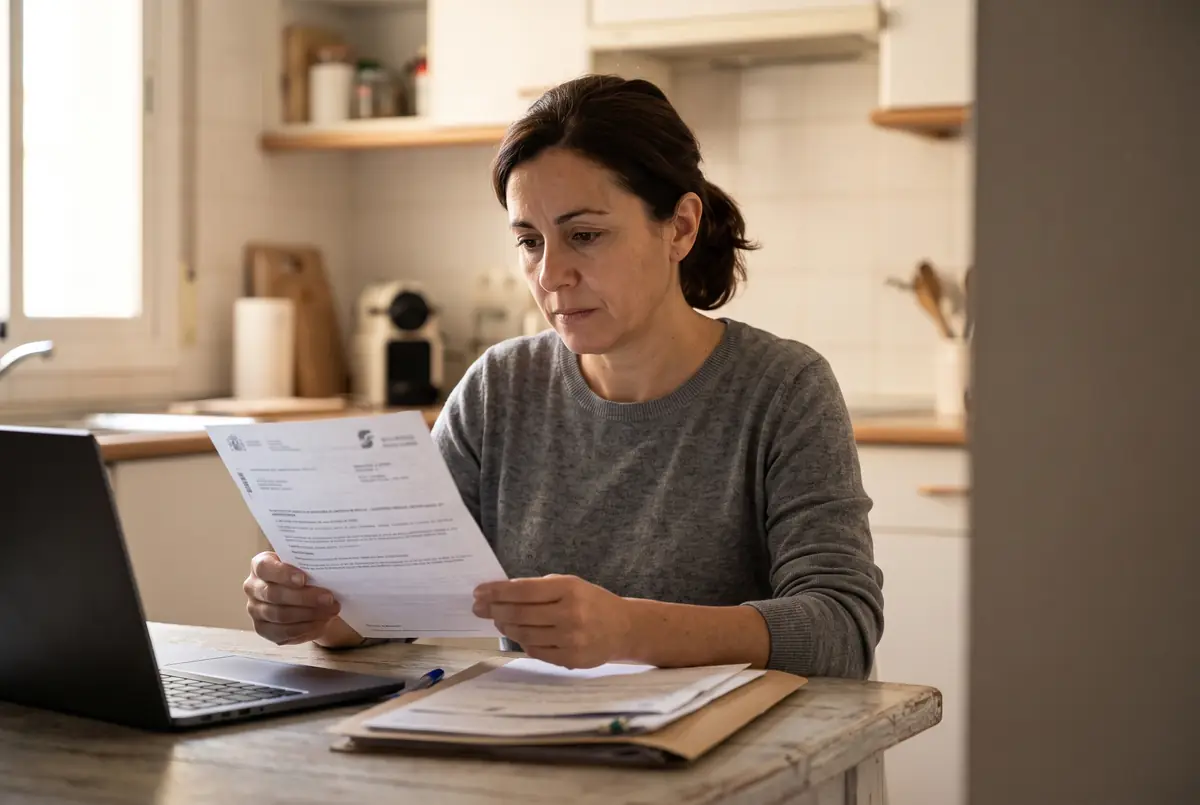Mujer de unos cuarenta y cinco años leyendo en la mesa de la cocina la carta de la Seguridad Social que le deniega el ingreso mínimo vital, con un portátil y una carpeta de papeles al lado