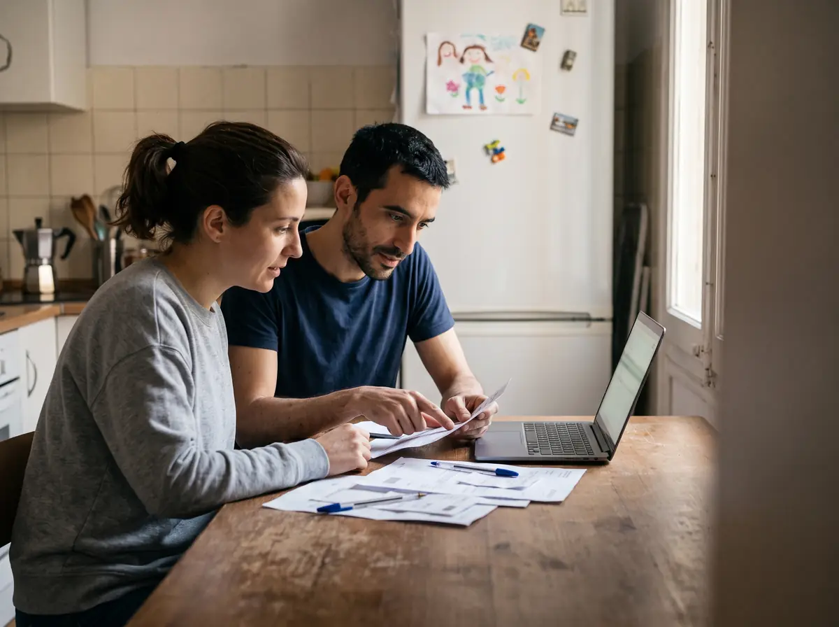 Pareja de unos treinta y cinco años revisando papeles y un portátil en la mesa de la cocina para comprobar si pueden pedir el ingreso mínimo vital