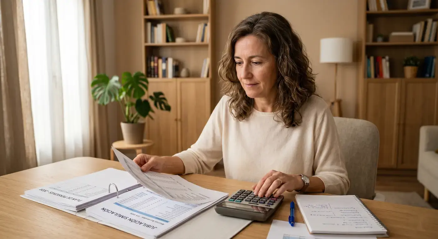 Mujer de unos 52 años haciendo cuentas en casa para planificar su pensión y cubrir lagunas de cotización