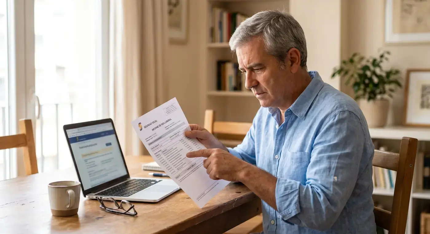 Hombre de unos 58 años revisando en casa su informe de vida laboral para detectar lagunas de cotización