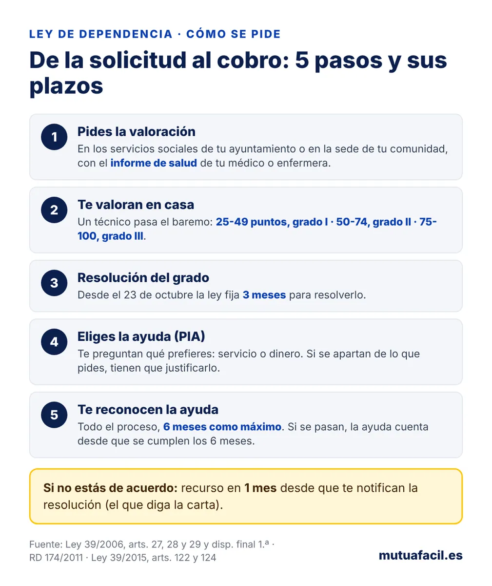 Infografía con los 5 pasos para pedir la dependencia: solicitud con informe de salud, valoración en casa con el baremo (25-49 puntos grado I, 50-74 grado II, 75-100 grado III), resolución del grado en 3 meses, elección de la ayuda en el PIA y reconocimiento de la ayuda en 6 meses como máximo; recurso en 1 mes si no estás de acuerdo