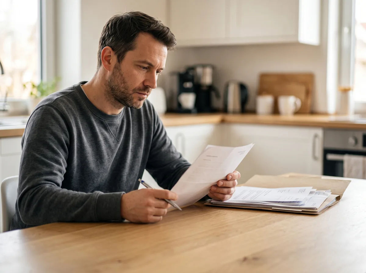 Hombre de unos cuarenta años leyendo en la mesa de la cocina la resolución del SEPE que le deniega el paro, con un bolígrafo en la mano y una carpeta de papeles al lado