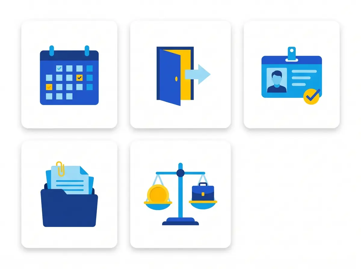 Infografía con cinco iconos de los motivos más comunes para denegar el paro: días cotizados, baja voluntaria, inscripción como demandante, documentación incompleta e incompatibilidad con otro trabajo o pensión