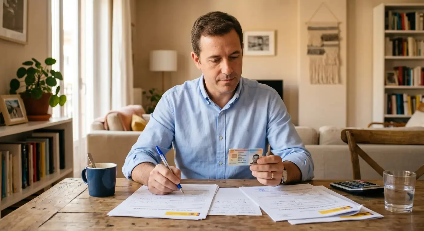 Hombre revisando la documentación para solicitar la pensión no contributiva de invalidez en casa