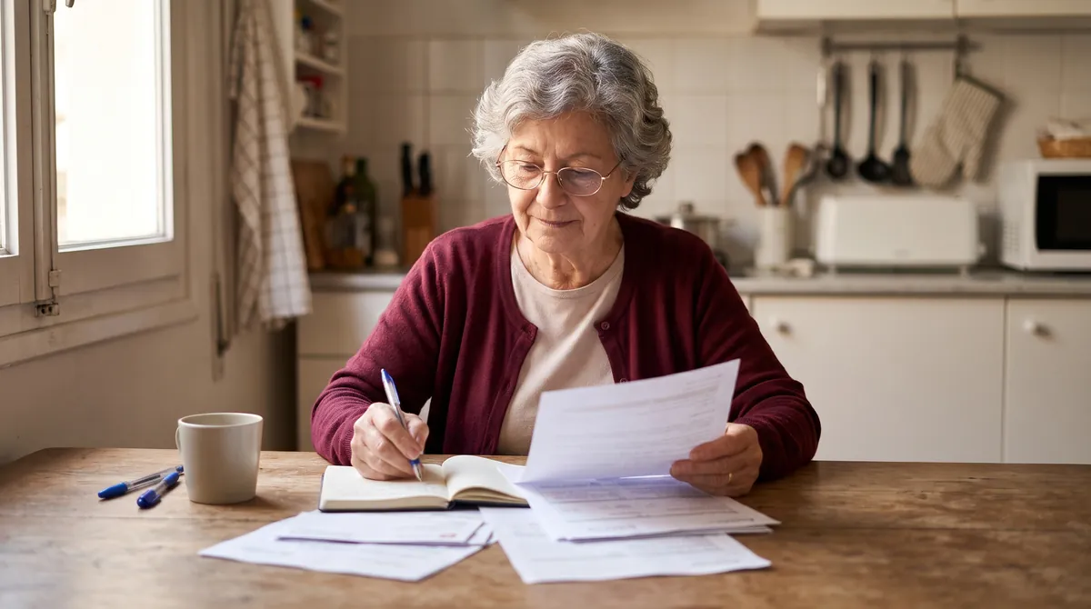 Mujer jubilada de unos 70 años con gafas y rebeca burdeos revisa en la mesa de su cocina los papeles de su pensión y apunta cuentas en una libreta