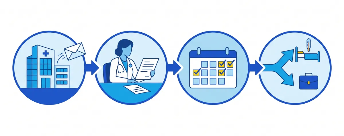 Infografía del recorrido de la propuesta de alta: la mutua envía la propuesta, la médica de cabecera revisa los informes, cinco días hábiles para decidir y dos salidas, seguir de baja o volver al trabajo