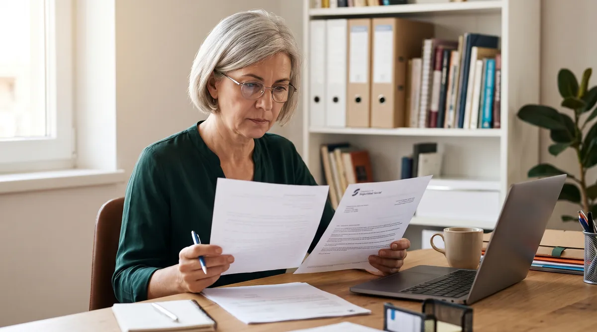 Autónoma de unos cincuenta y cinco años con gafas en su despacho de casa, comparando con un bolígrafo la resolución de la regularización con su declaración de la renta junto a un portátil