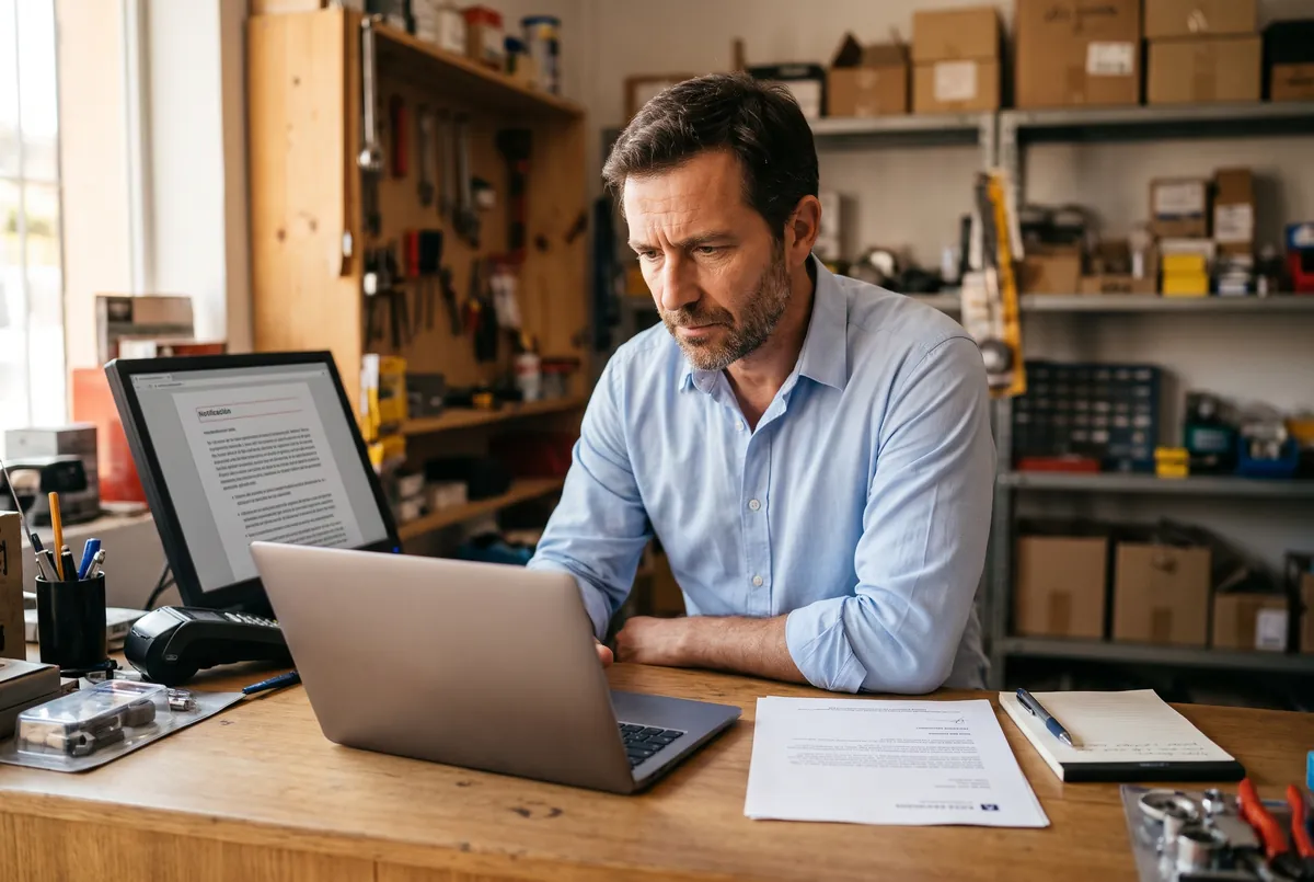 Autónomo de unos cuarenta y cinco años en el mostrador de su taller, con camisa azul, leyendo en el portátil la notificación de la regularización de cuotas de la Seguridad Social, con la carta en papel al lado