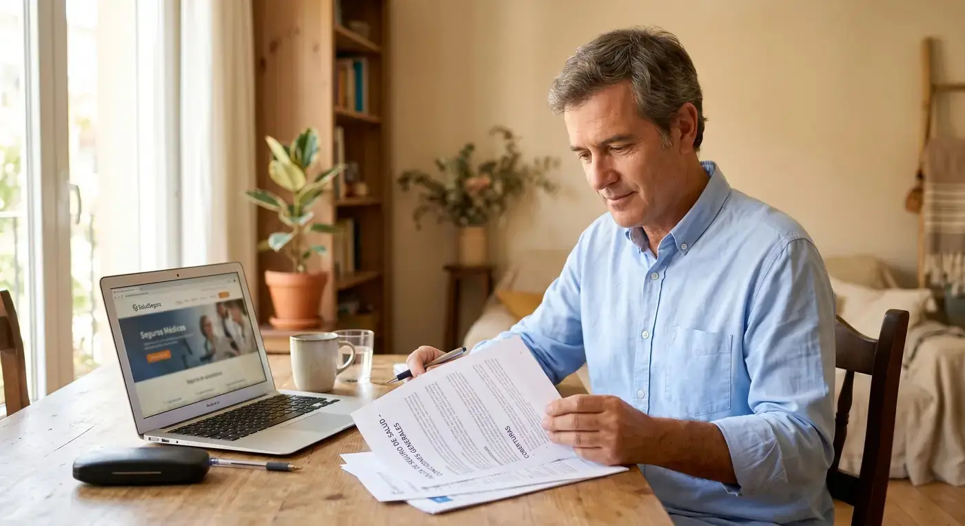 Persona revisando las condiciones de un seguro de salud privado en casa