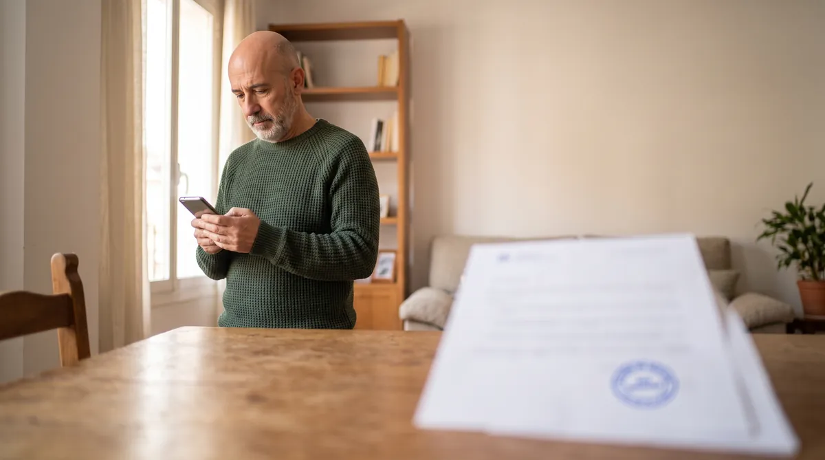 Hombre mira el móvil en casa a la espera de que el INSS conteste a su reclamación, con la copia sellada sobre la mesa