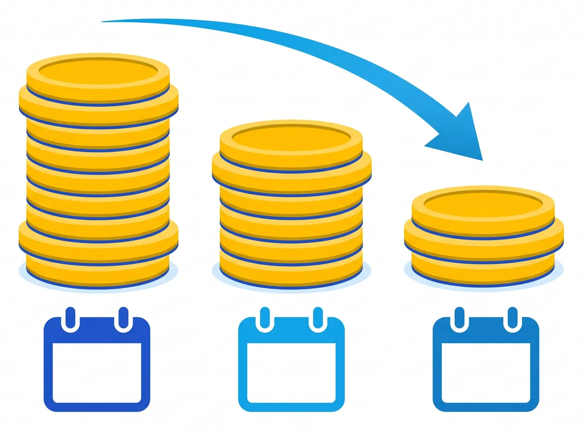 Infografía con tres montones de monedas cada vez más bajos y un calendario debajo de cada uno: la cuantía del subsidio por desempleo baja en tres tramos con el tiempo